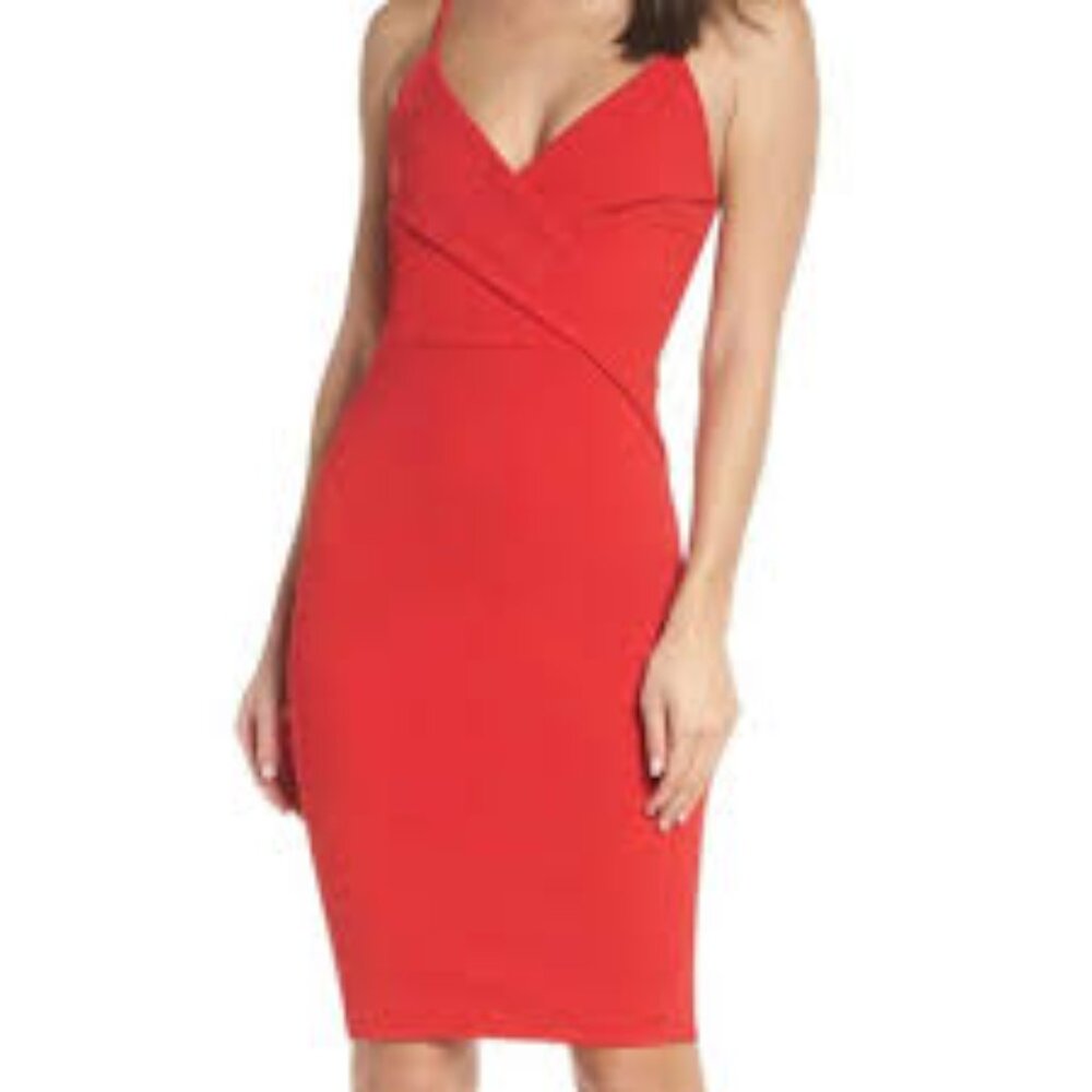 Lulu's | Cherry Red Bodycon V-Neck Sleeveless Midi Cocktail Dress